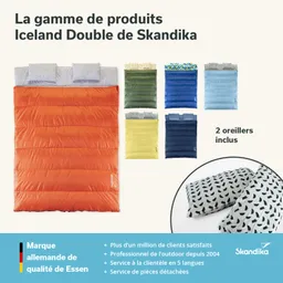 Eine orangefarbene Doppel-Schlafsack-Produktreihe von Skandika, mit verschiedenen Farbvarianten im Hintergrund und zwei Kissen.