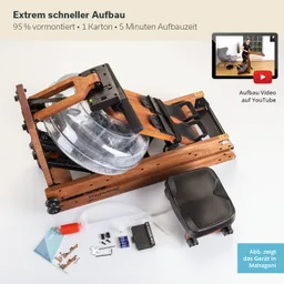 Rudergerät aus Holz mit transparentem Wassertank, Zubehörteilen, Montageanleitung und Sitz, auf weißem Hintergrund.