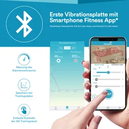 App-Oberfläche einer Fitnessanwendung für eine Vibrationsplatte, mit Funktionen zur Kalorienmessung, Speicherung von Trainingsdaten und Steuerung von Trainingsleveln.
