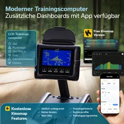 Modernen Trainingscomputer mit LCD-Display, der Trainingsdaten anzeigt, und mobilen App-Screenshots im Hintergrund.