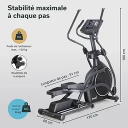 Ellipsentrainer in Schwarz mit digitalem Display. Maße: 180 cm hoch, 170 cm lang, 60 cm breit. Maximales Benutzergewicht 150 kg.