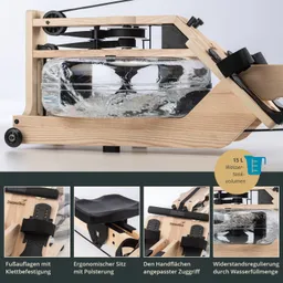 Holzernes Rudergerät mit Wasserbehälter, ergonomischem Sitz und verstellbaren Fußstützen. Наuntergrund mit drei Detailansichten.