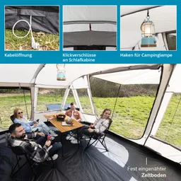 Zelt mit Personen in Campingsesseln um einen Tisch. Essen und Getränke sind auf dem Tisch. Zeltinnendetails sind sichtbar.