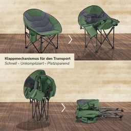 Grüner Klappstuhl mit grauem Polster, dargestellt in aufrechter und gefalteter Position. Holzfußboden im Hintergrund.
