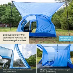 Blaues Zelt mit Sonnensegel, seitlich offen, im Freien auf grüner Wiese. Sichtbare große Türen und Fenster.