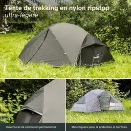 Zelt in der Natur, gefertigt aus dunkelgrauem Nylon. Unterteile zeigen Belüftungsöffnungen und ein Moskitonetz. Grüne Umgebung.