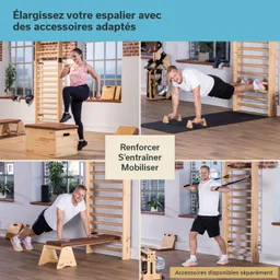 Fitnessraum mit einer Person, die auf eine Box steigt, einer anderen, die Liegestütze macht, und einem Mann, der mit Widerstandsbändern trainiert.