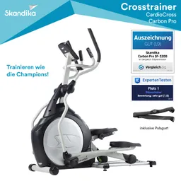Crosstrainer mit schwarzer und grauer Farbgestaltung, darunter Informationen zu Auszeichnungen und einem Pulsgurt.