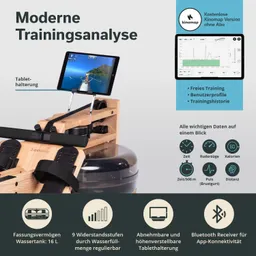 Wasser-Rudergerät mit Tablet-Halterung. Tablet zeigt Trainingsdaten und Landschaft. Anzeigen für Zeit, Ruderzüge, Kalorien, Puls und Distanz.