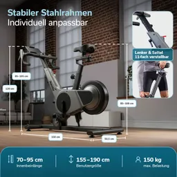 Ein Fitnessbike mit stabilem Stahlrahmen, Maßangaben für höhenverstellbare Lenker- und Sattelhöhe, und maximaler Belastung.