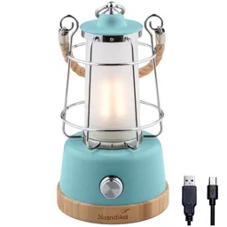 Tischlampe in Mintgrün mit Glaszylinder, Metallkäfig und Holzfuß, daneben ein USB-Kabel.