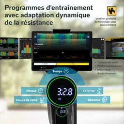 Einsatzgerät mit Display für Trainingsprogramme, zeigt Zeit, Geschwindigkeit, Ruderzüge, Kalorien und Distanz an. Grafiken und Videos sind sichtbar.