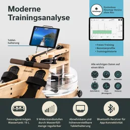 Wasser-Rudergerät aus Holz mit Tablet-Halterung, Wasserbehälter, Widerstandseinstellungen und Datenauswertung.