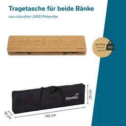 Transporttasche für Bänke, oben eine Holzplatte, darunter eine schwarze Tasche mit Maßen und Logo.