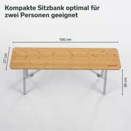 Kompakte Sitzbank aus Bamboo mit silbernem Gestell, Maße 100 cm x 27 cm x 39 cm, für zwei Personen geeignet.