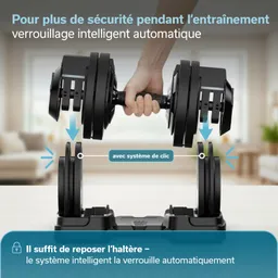 Verstellbare Hantel mit automatischem Verriegelungssystem auf einer Fitnessplattform. Hand hält Hantel über Basis.