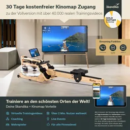 Wasser-Rudergerät aus Holz steht vor einem Fernseher. Der Fernseher zeigt eine Ruderlandschaft. Informationen zu Kinomap-Zugang sind sichtbar.