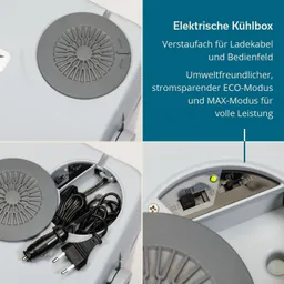 Elektrische Kühlbox mit Sicht auf den Deckel, Bedienfeld und verstecktem Ladekabel im Inneren.