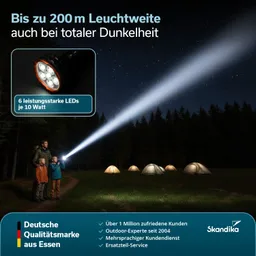 Taschenlampe mit hohem Lichtstrahl in dunkler Umgebung, zwei Personen und Zelte im Hintergrund. Sternenhimmel sichtbar.