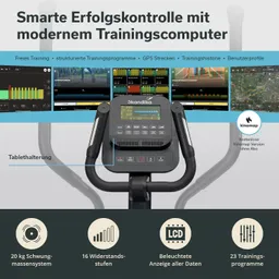 Moderne Trainingscomputer-Anzeige eines Fitnessgeräts mit Tablet-Halterung. Informationen zu Funktionen und Programmen.