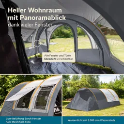 Zelt mit großen Fenstern und Türen im Innenraum. Untere Bilder zeigen Zeltansicht und Belüftungsmöglichkeiten.