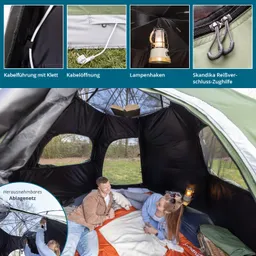 Zelt von innen mit Holzlampe, Dämmung, zwei Personen auf einer Decke und herausnehmbarem Ablagenetz. Fenster und Kabelöffnungen sichtbar.