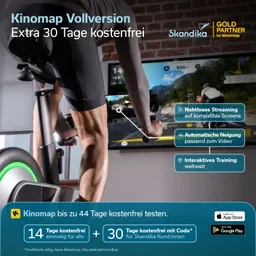 Fitnessgerät mit einem Nutzer, der in einem engen Oberteil auf einem Rad sitzt. Im Hintergrund ein Bildschirm mit einer Landschaft und Trainingsdaten. Textinformationen zu Kinomap, Gratis-Testangebot und Funktionen.