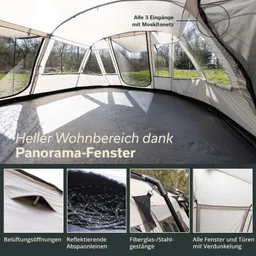 Großer Innenraum eines Zeltes mit Panorama-Fenstern. Sichtbare Details: Bodenbelag, Belüftungsöffnungen, Abspannleinen und Gestänge.