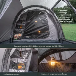 Zeltinnere mit einer Schlafkabine, die Regale, eine Lampe und Fenster zeigt. Lagerfächer und ein Lampenhaken sind sichtbar.