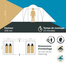 Zelt mit Höhe von 200 cm, Aufstellzeit 15 Minuten, für 4 Personen. Abmessungen und Verpackungsdetails angegeben.