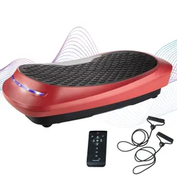 Vibrationsplatte in roter Farbe mit rutschfester Oberfläche, schwarzer Fernbedienung und zwei Fitnessbändern.