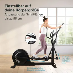 Ellipsentrainer mit Person in Sportkleidung, die auf dem Gerät trainiert. Fenster mit Tageslicht im Hintergrund.