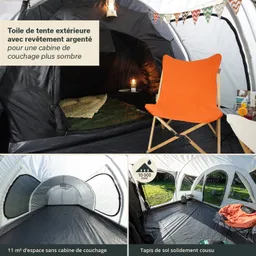 Zeltinnenansicht mit einem orangefarbenen Stuhl, einer Decke und einer Lampe. Weitere Ansichten des Zeltes mit Platz und Boden.