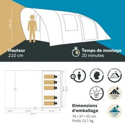 Zeltansicht mit Seitenansicht, Höhe 210 cm. Technische Details: Aufbauzeit 20 Minuten, Platz für 5 Personen, Maße.