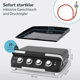 Grillgerät in Schwarz mit drei Drehknöpfen und einem Ablageblech. Maße und Gewicht sind angegeben. Gasschlauch und Druckregler abgebildet.