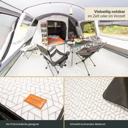 Zeltinneneinrichtung mit Tisch, Campingstühlen und Mustermatte. Im Hintergrund ein Bett und Fenster zur Außenansicht.