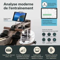 Wassertretgerät mit Holzrahmen, abnehmbarer Halterung für ein Tablet, Wasserkraftmodul, technische Informationen und Bluetooth-Icons.