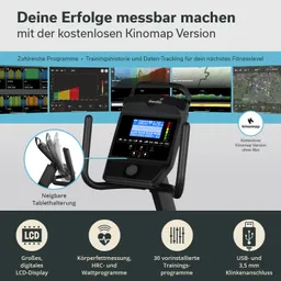 Ein Fitnessgerät mit einem großen LCD-Display, das Trainingsdaten anzeigt. Daneben sind Grafiken und Informationen zu Trainingsprogrammen und Funktionen sichtbar. Ein Tabletständer ist vorhanden.
