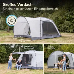 Zelt mit großem Vordach auf einer Wiese, Maßangaben und Beschreibungen zu Funktionen sind vorhanden. Zusatzsonnensegel und Stuhlgruppen sichtbar.