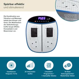 Elektrostimulationsgerät mit digitales Display, zwei Plattformen und Bedientasten. Angaben zu Funktionen und Details.