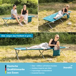 Feldbett in grün auf Wiese, eine Person sitzt daneben, eine andere liegt auf dem Feldbett und hält ein Buch.