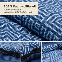 Baumwollflanell mit geometrischem Design in Blau- und Grautönen, teilweise überlappt. Nahaufnahmen der Struktur und des Reißverschlusses.
