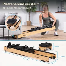 Ein Rudergerät aus Holz mit einem abnehmbaren Sitz. Eine Person hebt es an, wobei sie in einem modernen Raum mit Pflanzen und einem Sofa steht. Die Maße sind angegeben.