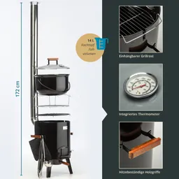 Raucherofen mit einem 14-Liter-Kochtopf, einem integrierten Thermometer und einem einhängbaren Grillrost. Höhe 172 cm.