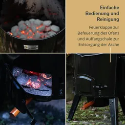 Schwarzer Grill mit leuchtenden Kohlen im Inneren. Seitliche Feuerklappe und Auffangschale für Asche sichtbar.