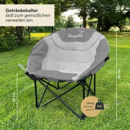 Klassischer Liegestuhl mit beigem und grauem Polster, Getränkehalter an der Seite, im Freien auf Gras. Maße: 80 cm hoch, 40 cm hoch. Benutzergewicht 150 kg.