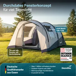 Zelt in der Natur mit halbtransparenten Fenstern, umgeben von Bäumen und Wiese. Textinformationen zu Features und Qualität.