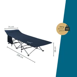 Klappbare Liege mit blauem Bezug, abgebildet mit Maßen: 208 cm Länge, 75 cm Breite, 38 cm Höhe. Maximales Benutzergewicht 200 kg.
