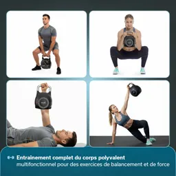 Verschiedene Personen führen Ganzkörpertraining mit einer Kettlebell durch: eine im Squat, eine liegend, eine mit einer Überkopfbewegung und eine andere in der seitlichen Plank-Position.