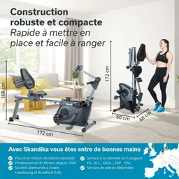 Fitnessgerät mit zwei Modellen: ein Liegerad und ein vertikales Rad, umgeben von einem hellen Raum mit Fenster.